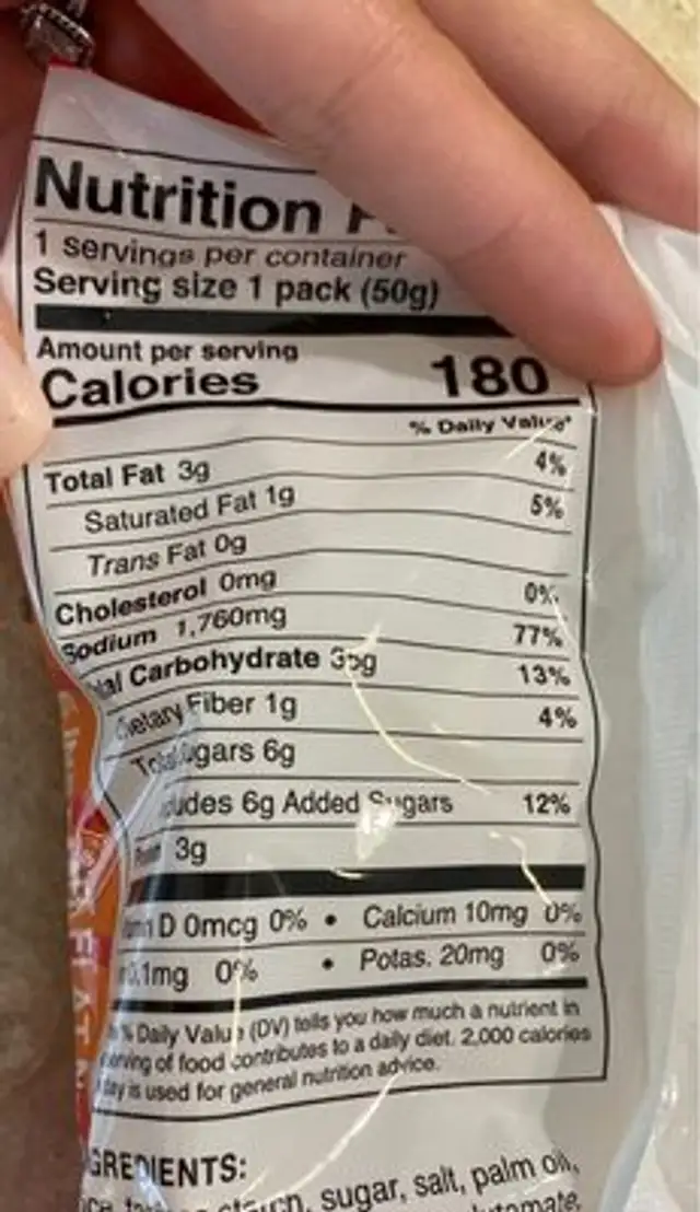 Tom Yum Flat Noodles nutrition facts table