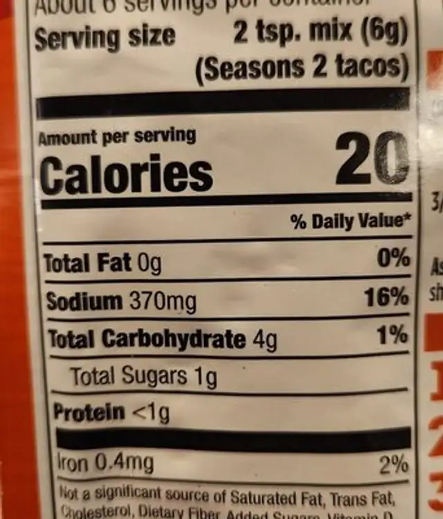 Taco seasoning mix, gluten-free nutrition facts table