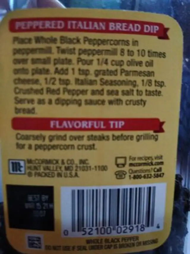 Whole Black Pepper ingredients label