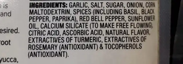 Tasty’s HEARTY seasoning mix ingredients label