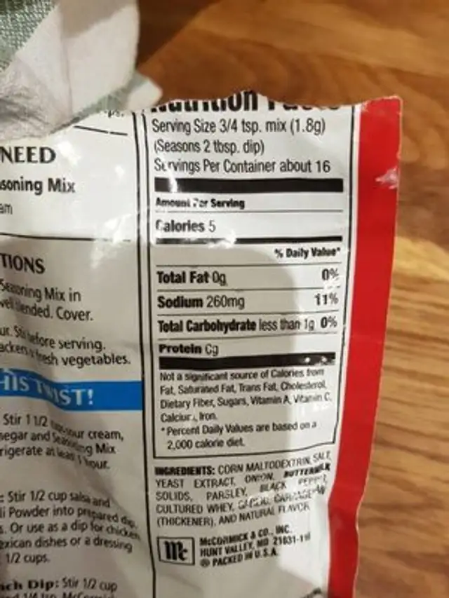 Ranch dip seasoning mix, ranch dip nutrition facts table