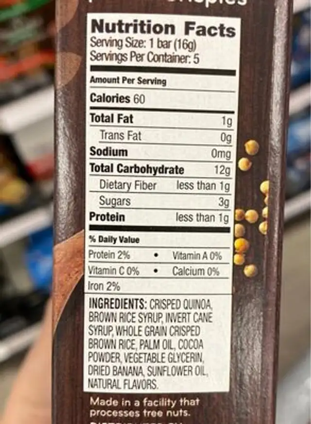 Made with real fruit & whole grain banana & cocoa bars, banana & cocoa nutrition facts table