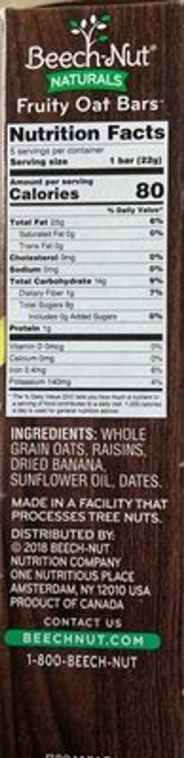 Banana fruity oat bars baby food, banana nutrition facts table