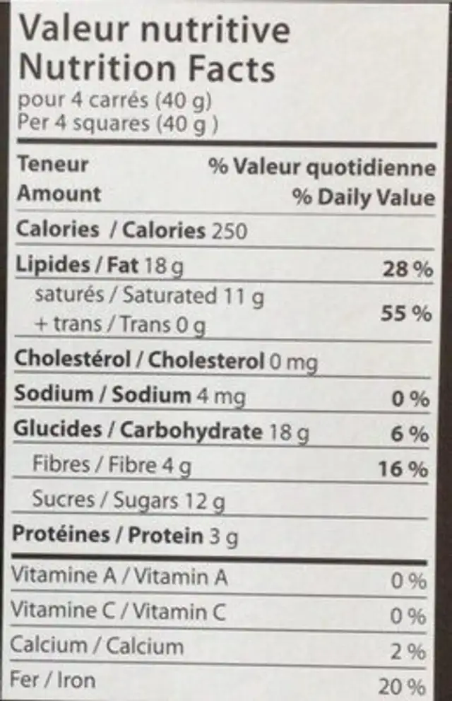 Chocolat noir nutrition facts table