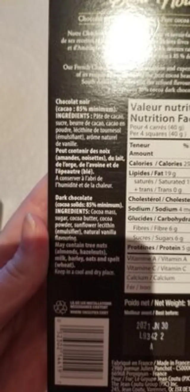 m ingredients label