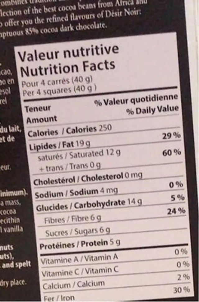 m nutrition facts table