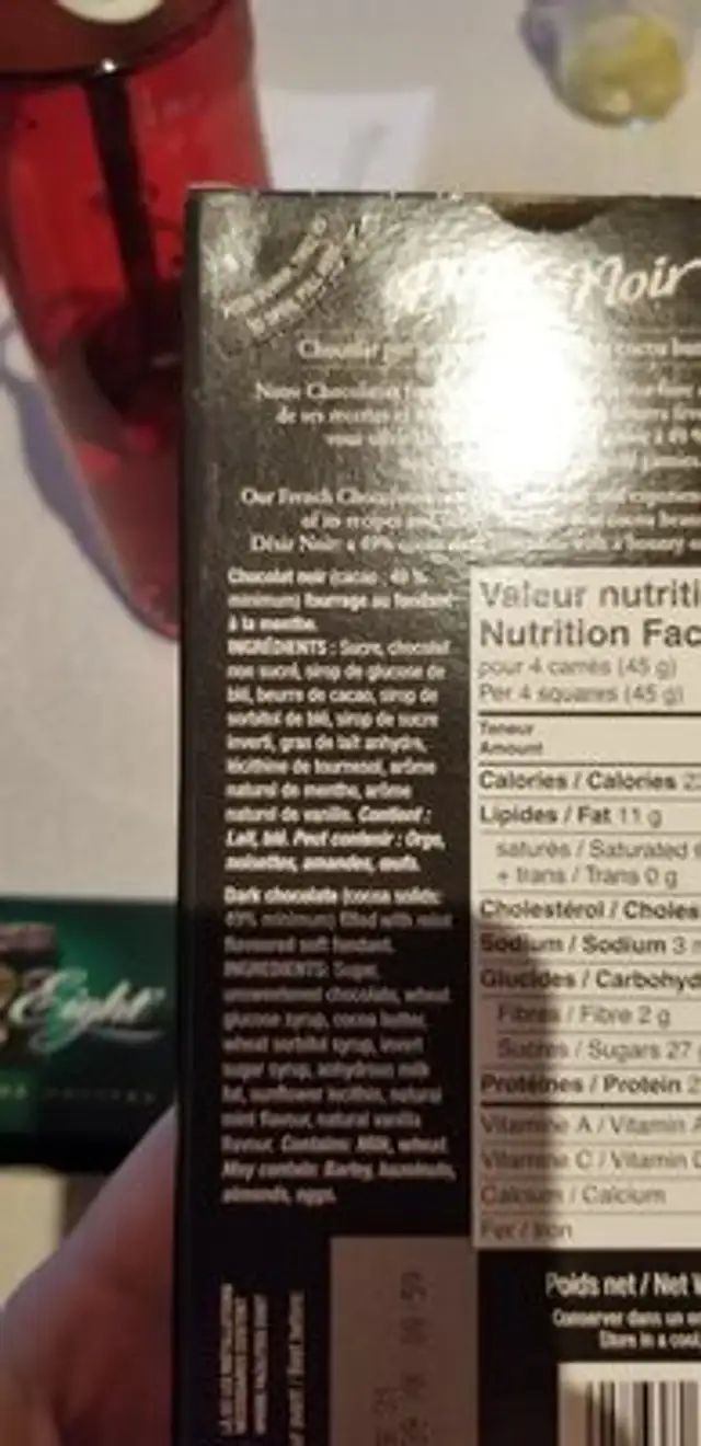 Chocolat noir - fourrage au fondant a la menthe ingredients label