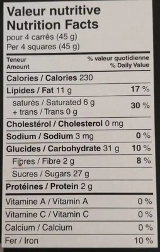 Chocolat noir - fourrage au fondant a la menthe nutrition facts table