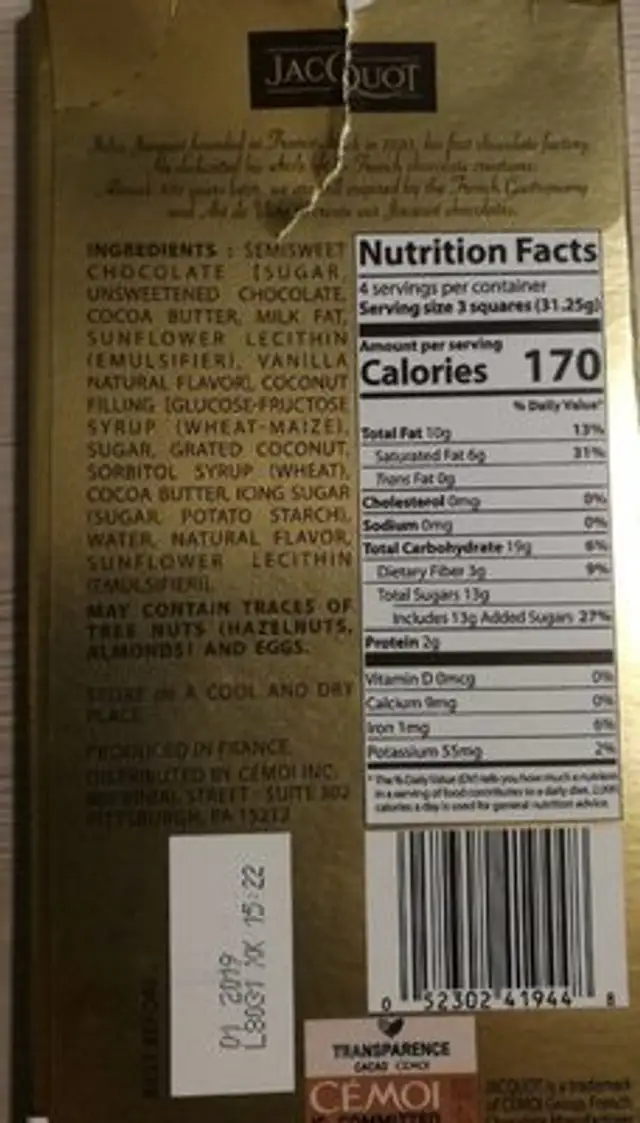 Chocolat noir avec noix de coco ingredients label