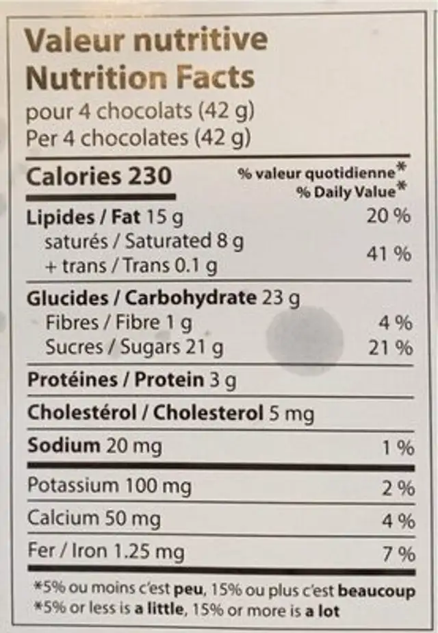 Désir Noir et Lait nutrition facts table