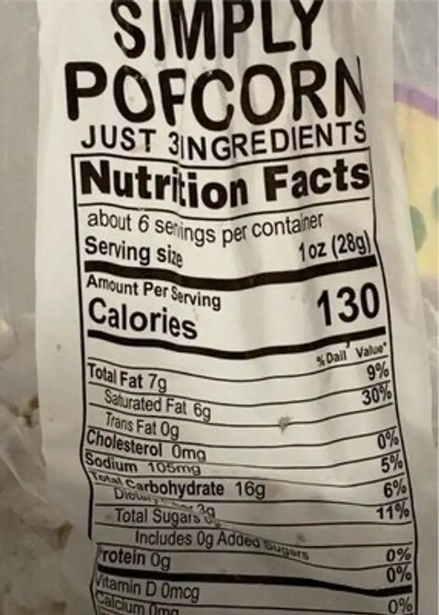 Simply Popcorn nutrition facts table