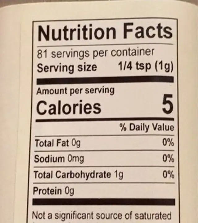 Sauers nutrition facts table