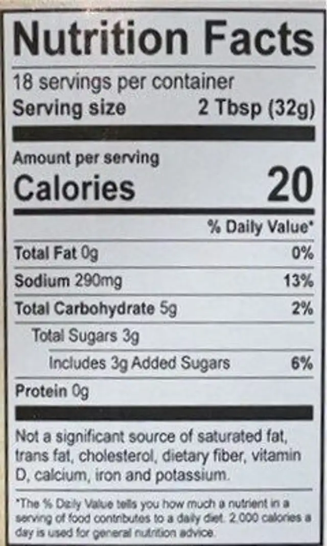 Sauer’s original barbecue sauce nutrition facts table