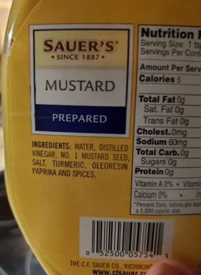 Classic Yellow Mustard ingredients label