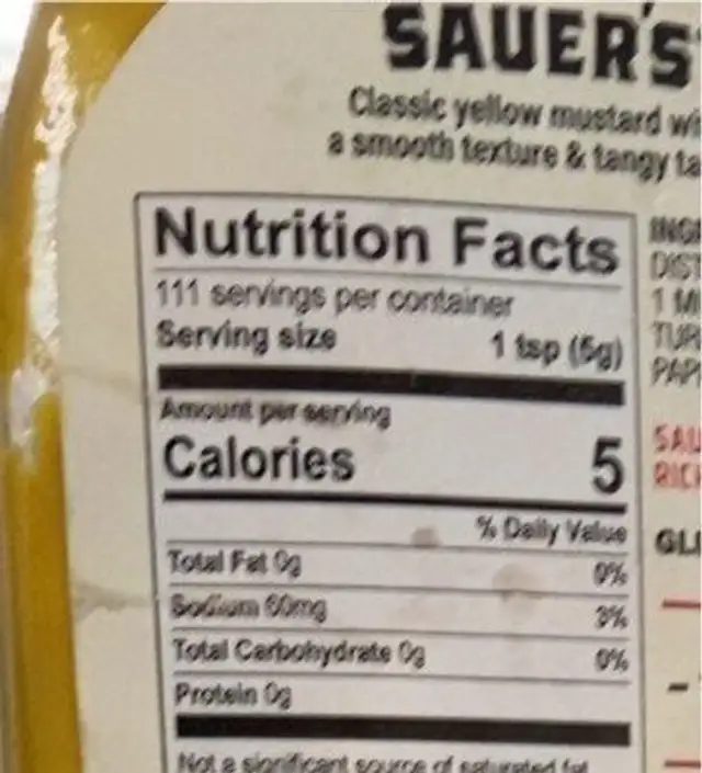 Classic Yellow Mustard nutrition facts table