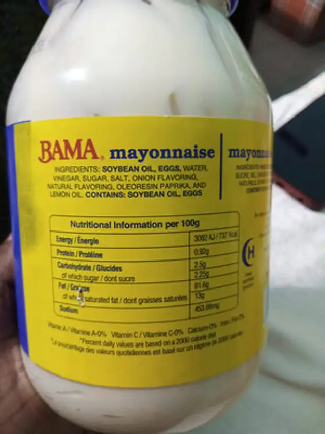 BAMA ingredients label