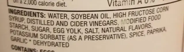 Whipped dressing ingredients label