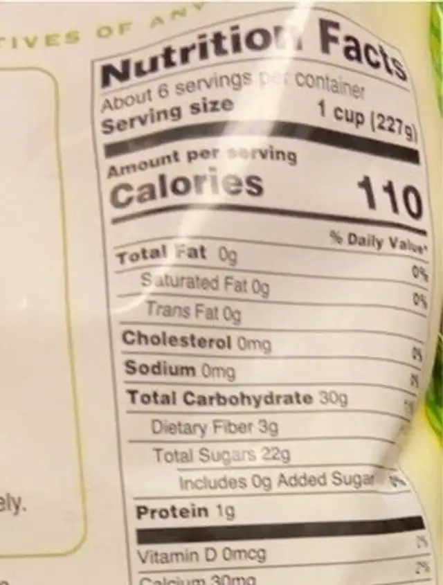 Pineapple Chunks nutrition facts table