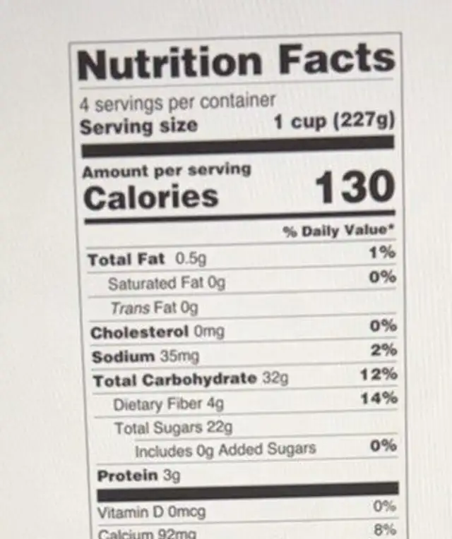 Energy boost pre-cut fruits and vegetable nutrition facts table