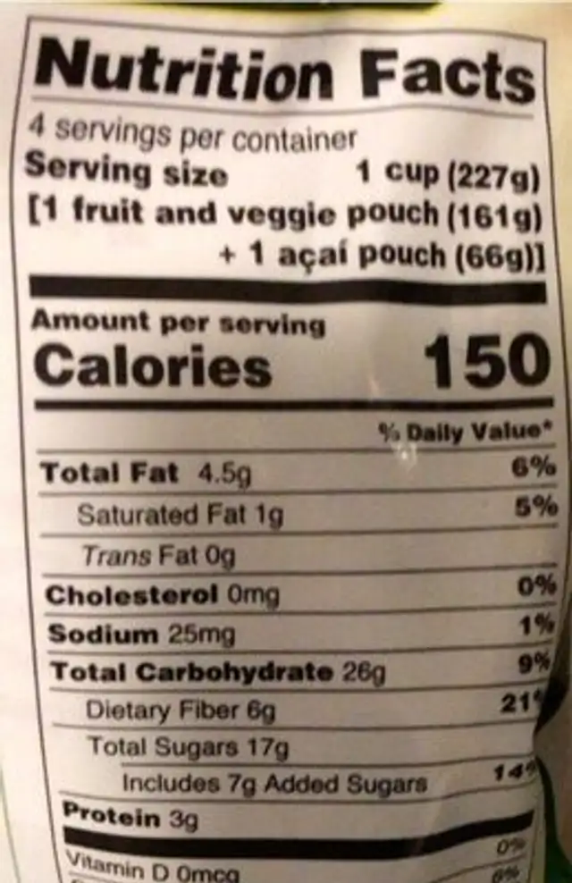 Acai energizing nutrition facts table