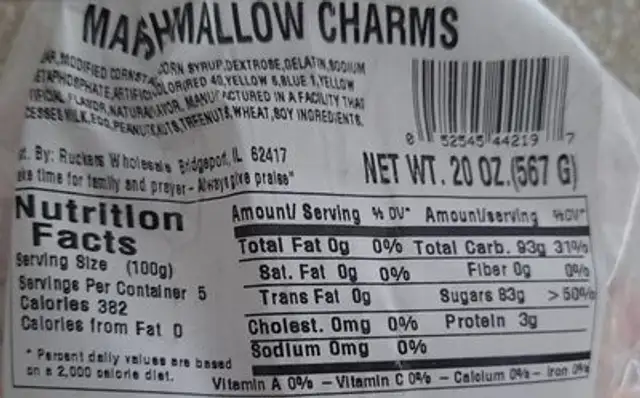 Marshmallow charms nutrition facts table