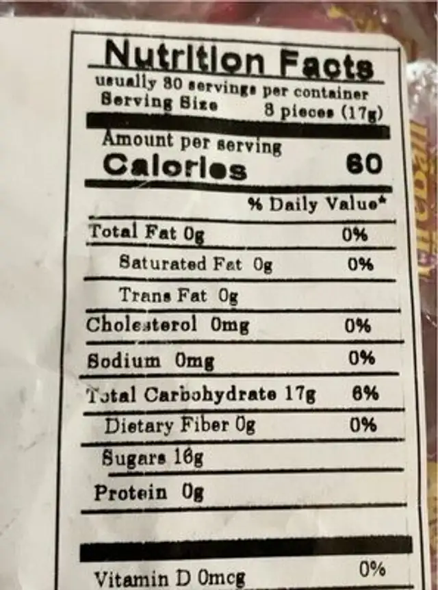 Atomic Fireballs nutrition facts table