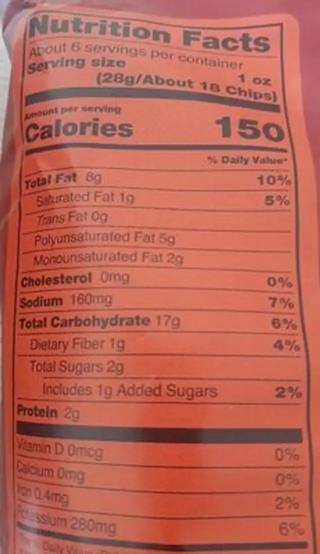 Potato Chips Barbecue flavored nutrition facts table