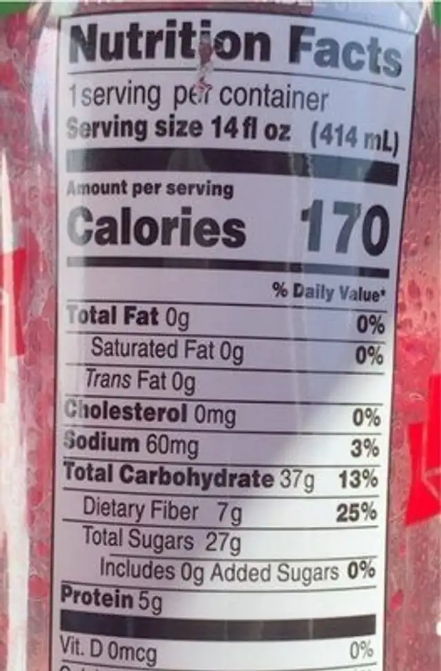 Cold Organic Pressed Juice nutrition facts table