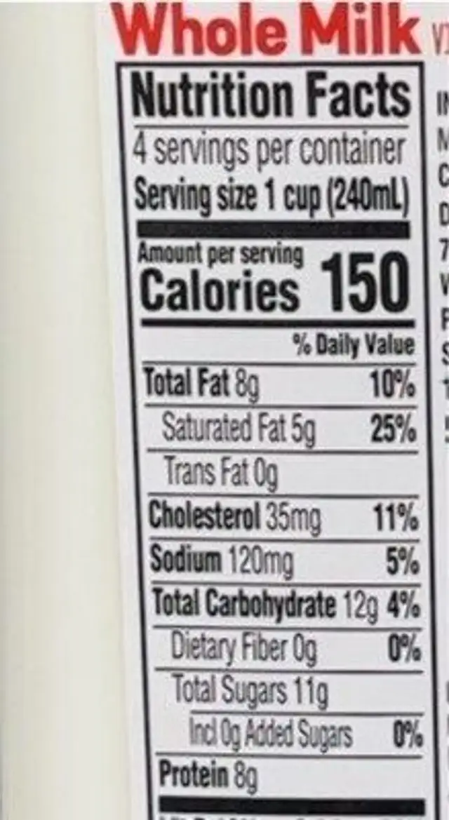 Whole milk nutrition facts table
