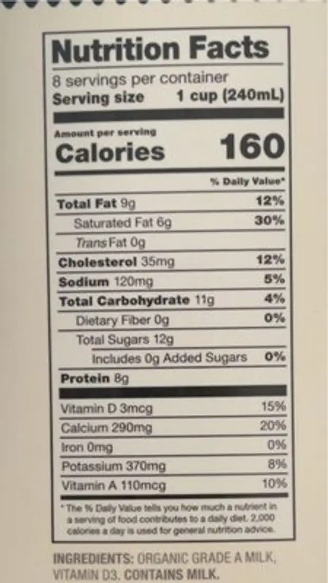 Organic Whole Milk nutrition facts table