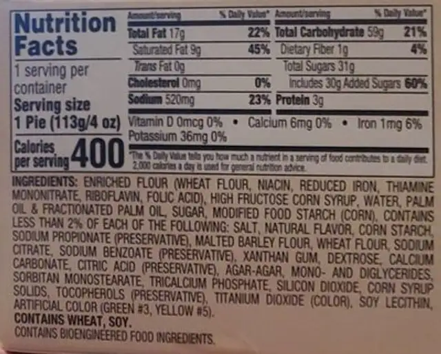 Key lime flavor snack pie nutrition facts table