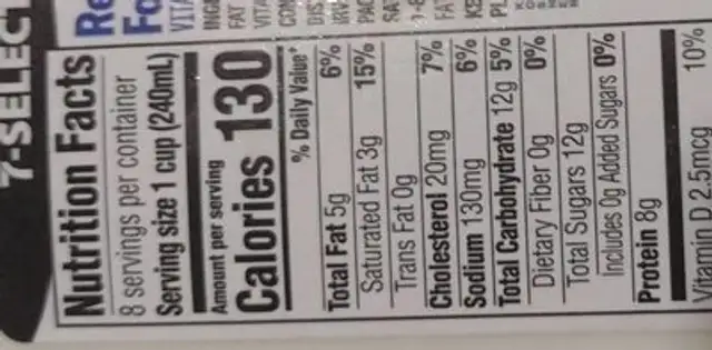2 percent Milkfat Reduced Fat Milk nutrition facts table