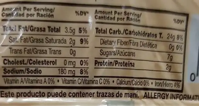 Galletas nutrition facts table