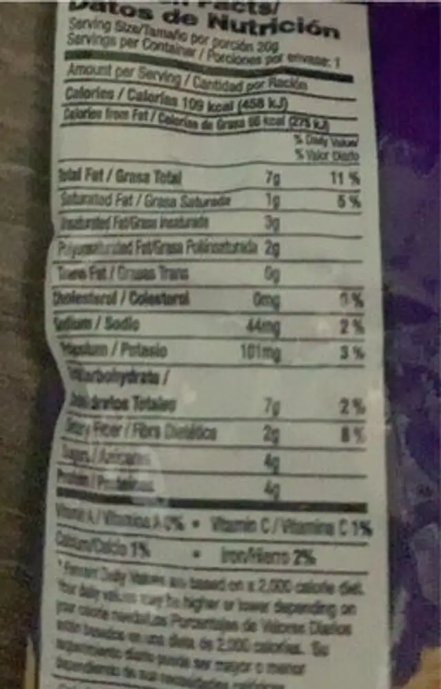 Mani con pasas nutrition facts table