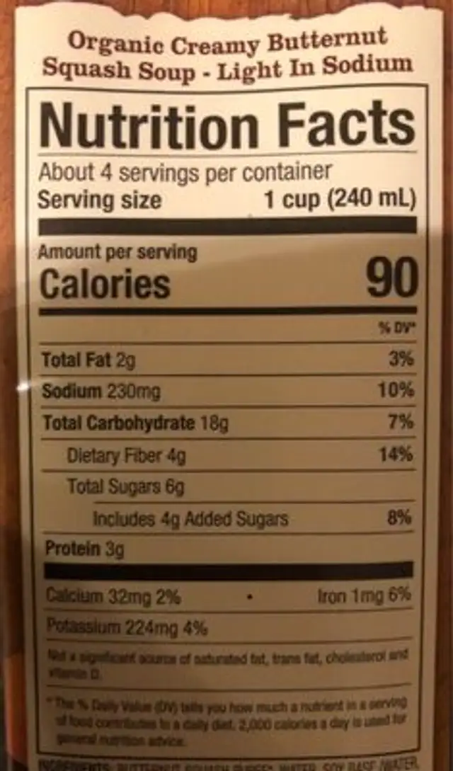 Soup, creamy butternut squash nutrition facts table