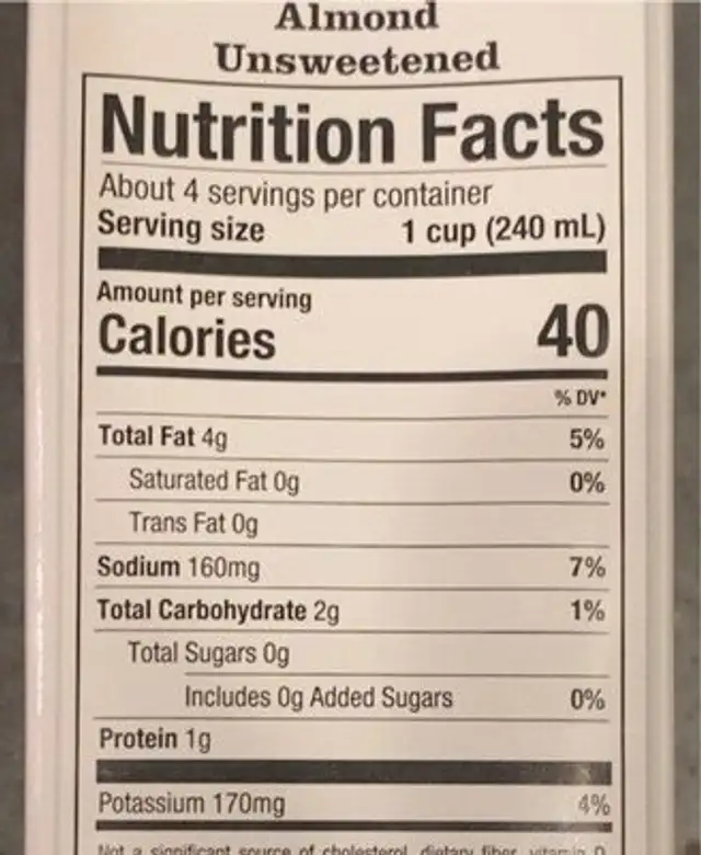 Almond Unsweetened nutrition facts table