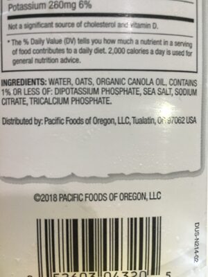 Oat Milk ingredients label