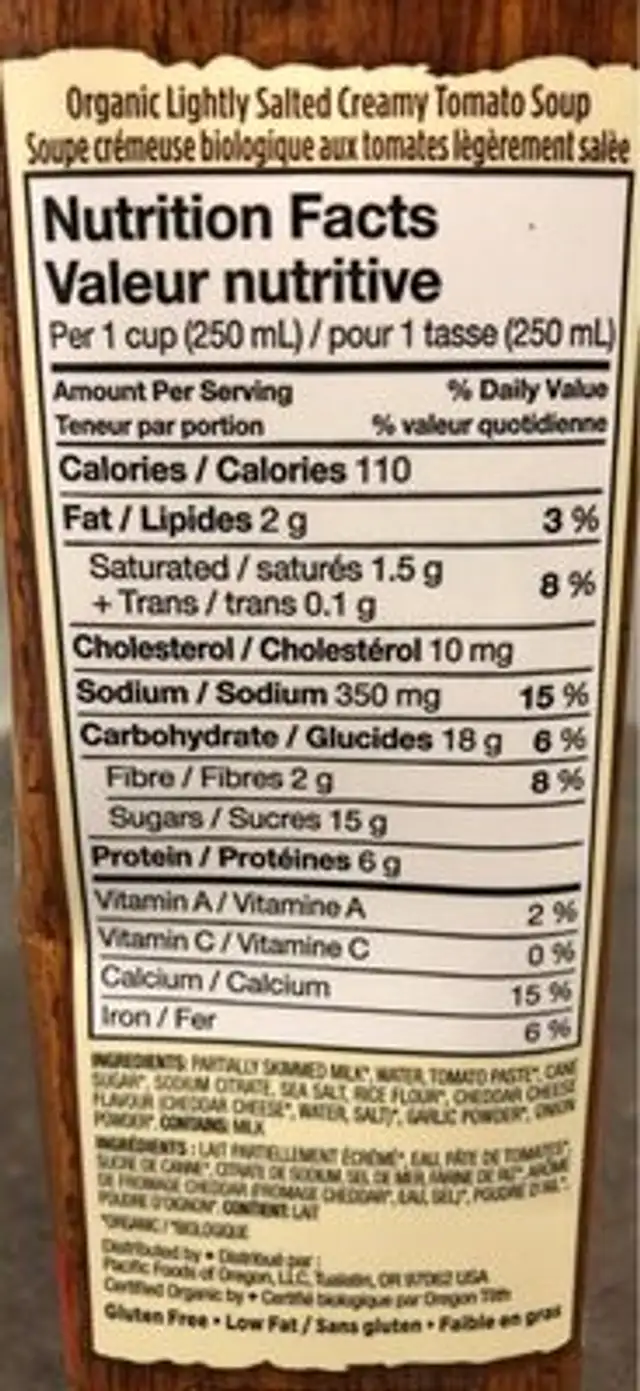 Organic creamy Tomato Soup nutrition facts table