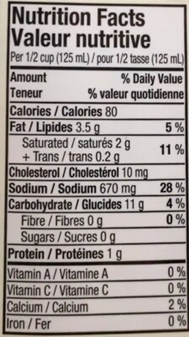 Cream of mushroom condensed soup nutrition facts table