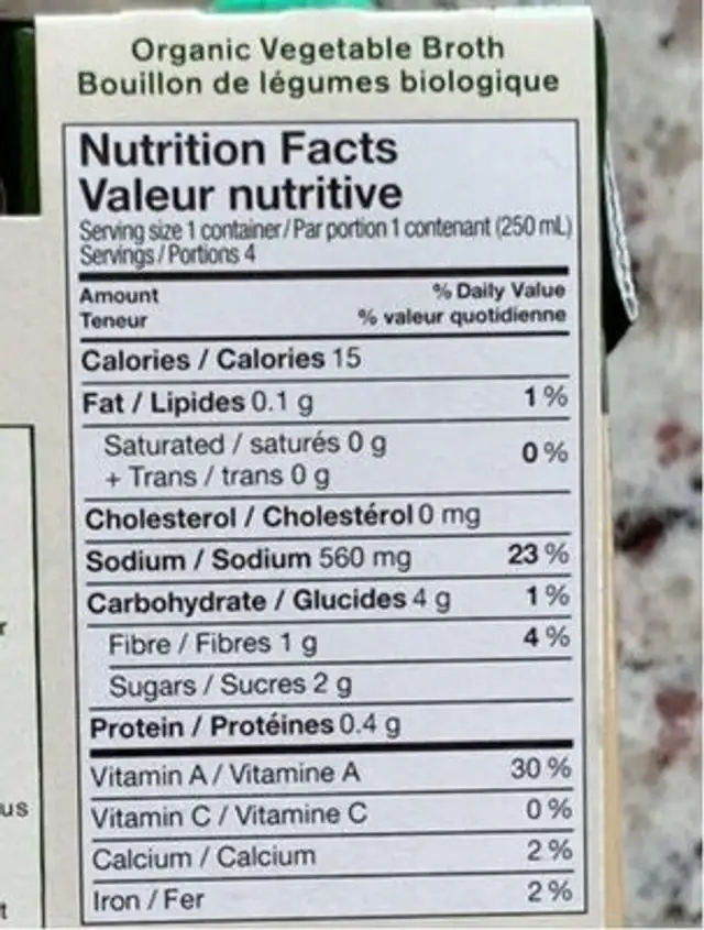Organic vegetable broth nutrition facts table
