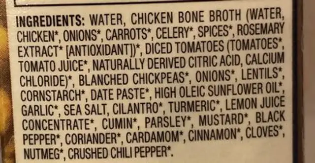 Organic curry chickpea soup nutrition facts table