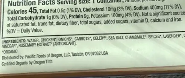 Foods organic bone broth chicken with chamomile & lavender nutrition facts table