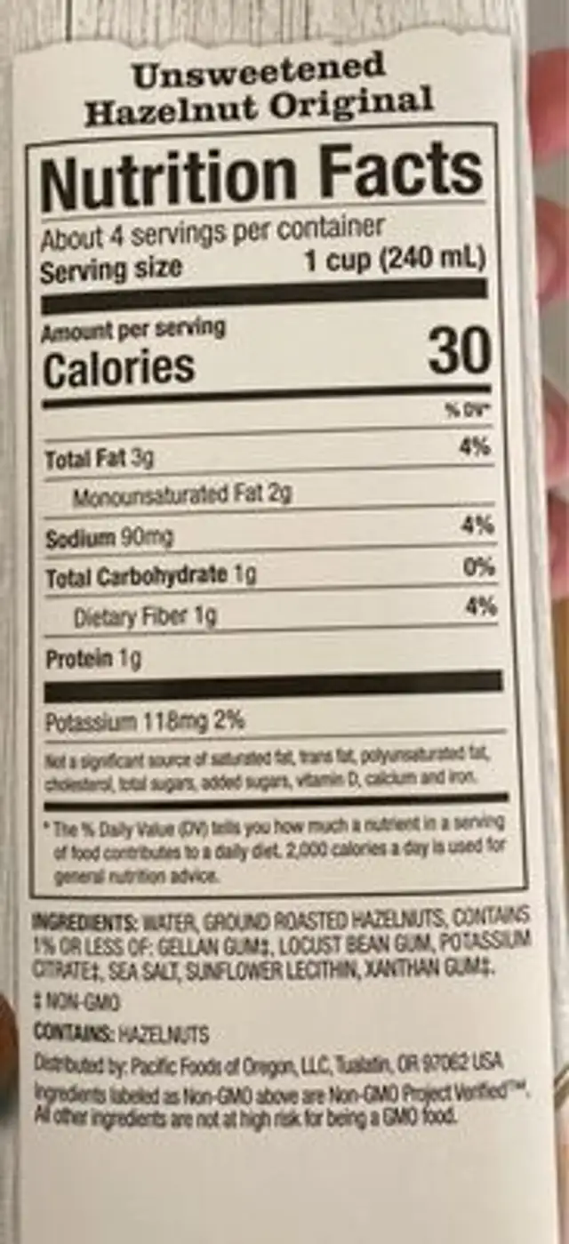 Hazelnut Original Unsweetened Plant-Based Beverage nutrition facts table