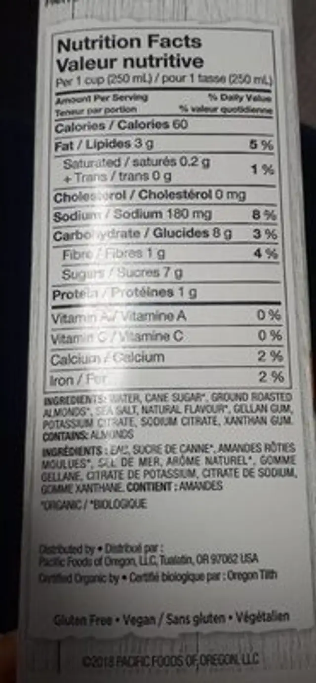 Organic Almond Original Plant-Based Beverage (Canada) nutrition facts table
