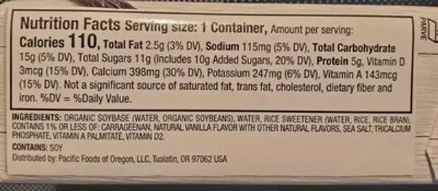 Foods enriched soy non-dairy beverage vanilla nutrition facts table