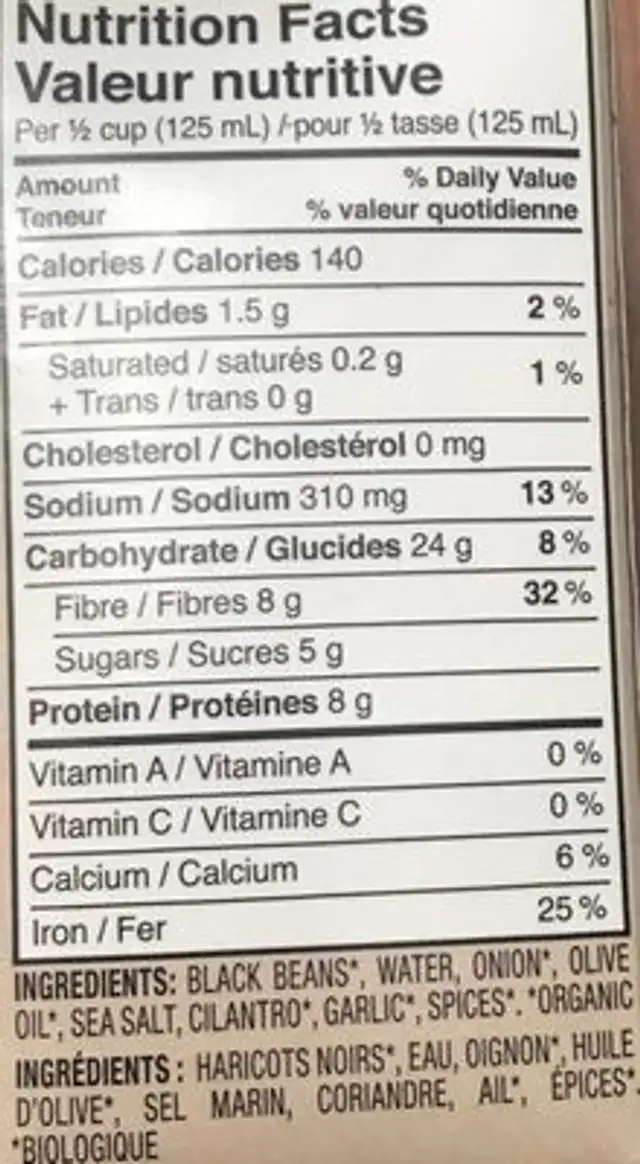 Refried black beans nutrition facts table