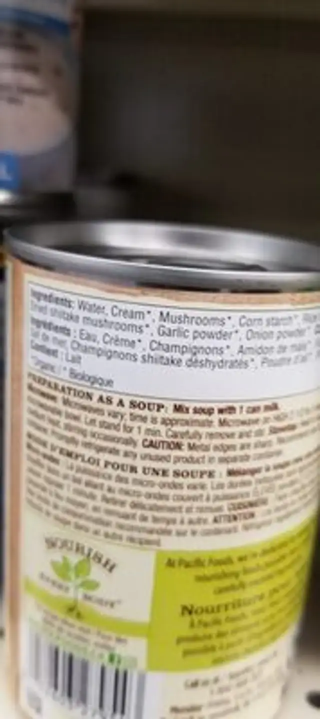 Organic cream of mushroom ingredients label
