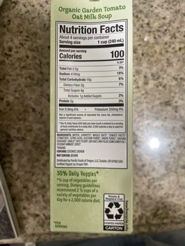 Organic creamy oat milk soup Garden Tomato ingredients label