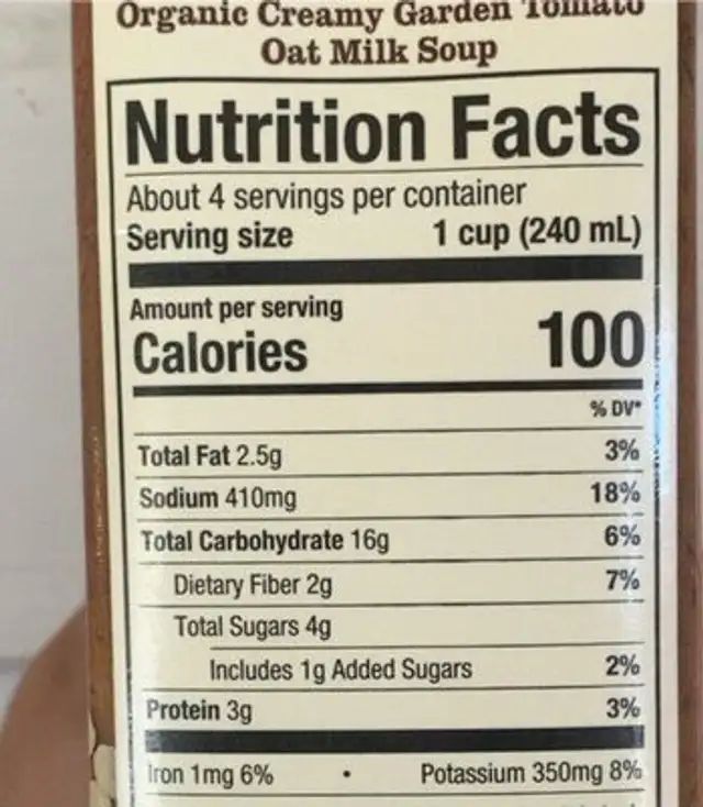 Organic creamy oat milk soup Garden Tomato nutrition facts table