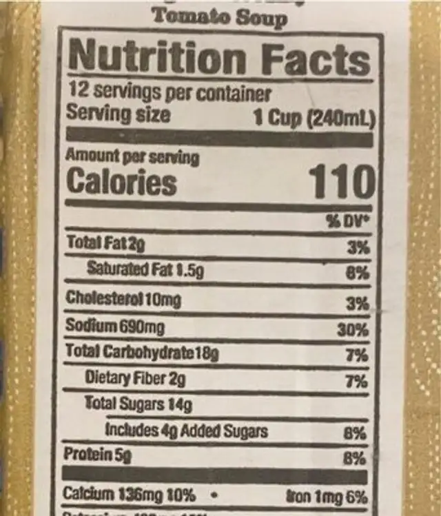 Organic creamy tomato soup nutrition facts table